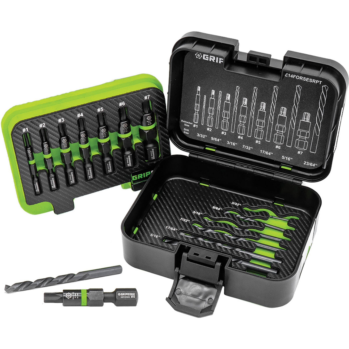 14-PC RPT G-FORS EXTRACTOR & LEFT HAND DRILL BIT SET, #1-#7 & 3/32