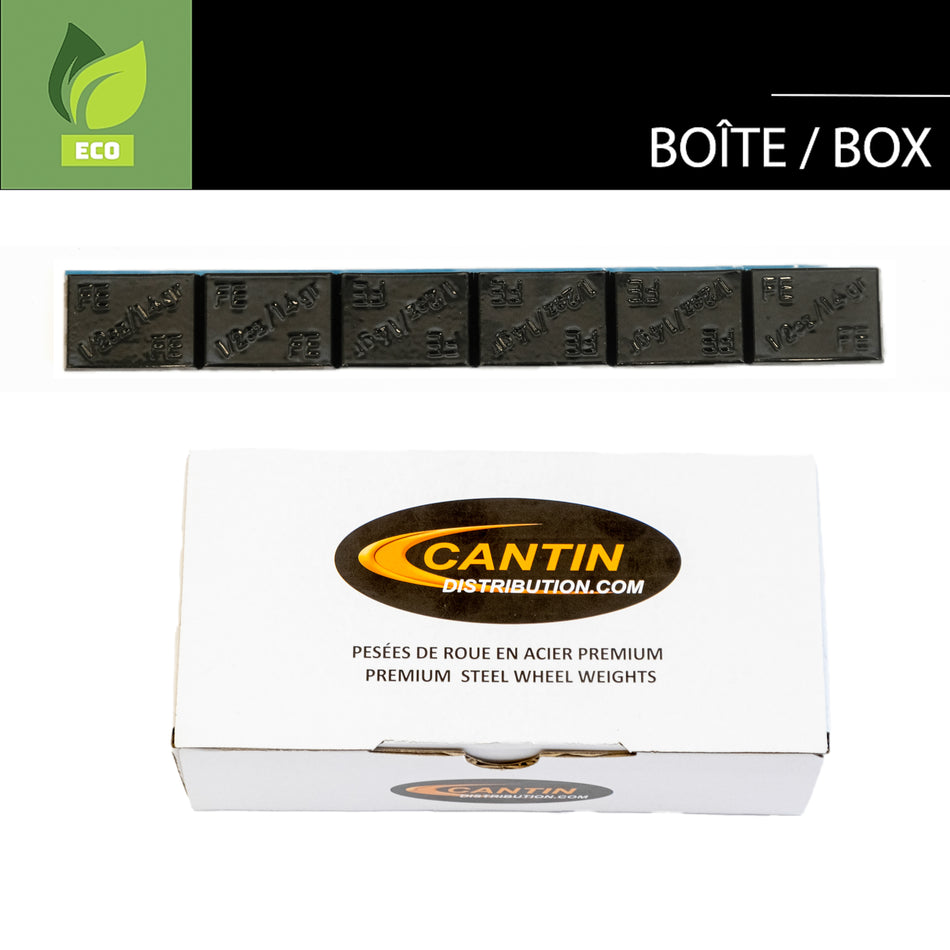 CANTIN LOW PROFILE BLACK ADHESIVE WHEEL WEIGHT BOX 1/2 OZ X 288 PCS W/ BLACK ADHESIVE AND 2MM PULL TAG