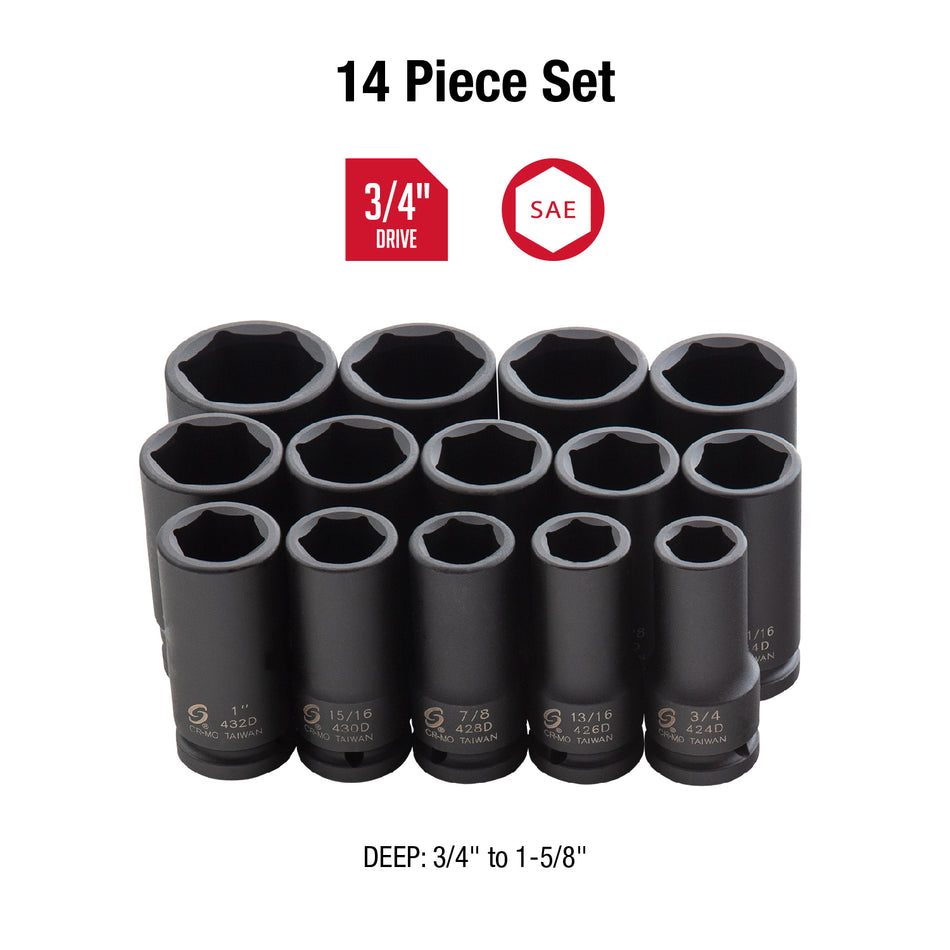 3/4" DRIVE DEEP SAE IMPACT SOCKET SET - 14 PIECE