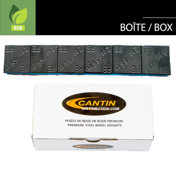 BOX OF THIN BLACK ADHESIVE WHEEL WEIGHTS 2 OZ X 72 MCX WITH BLACK ADHESIVE AND QUICK BLUE PLASTIC