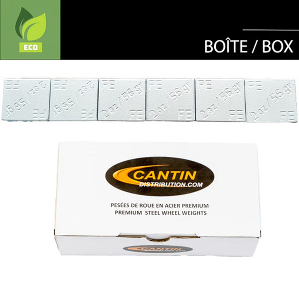 BOX OF GREY THIN ADHESIVE WHEEL WEIGHTS 2 OZ X 72 PCS WITH BLACK ADHESIVE AND QUICK BLUE PLASTIC