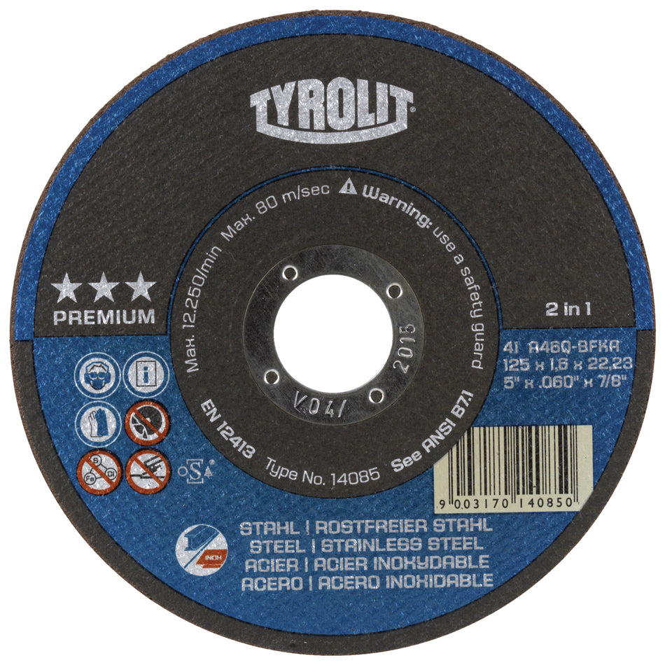 PREMIUM 2-IN-1 THINCUT CUT-OFF WHEELS, 4-1/2" X 1/16", 7/8" ARBOR, TYPE 1, ALUMINUM OXIDE, 13300 RPM