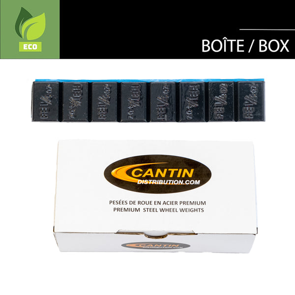 CANTIN LOW PROFILE BLACK ADHESIVE WHEEL WEIGHT BOX 1/4 OZ X 576 PCS W/ BLACK ADHESIVE AND 2MM PULL TAG