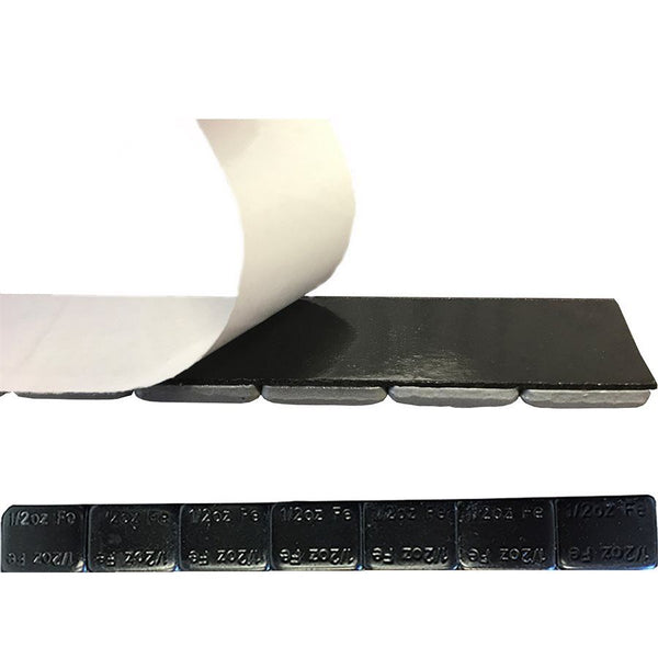 LOW PROFILE STEEL ADHESIVE BLACK WHEEL WEIGHTS 1/2 OZ W/ BLACK ADHESIVE AND WHITE FAST PAPER - 50/BOX