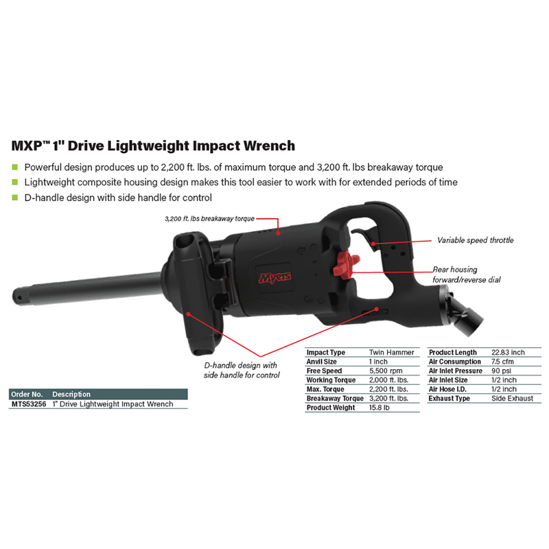 MYERS 1" LIGHTWEIGHT AIR IMPACT WRENCH WITH LONG SHANK - VERY POWERFUL